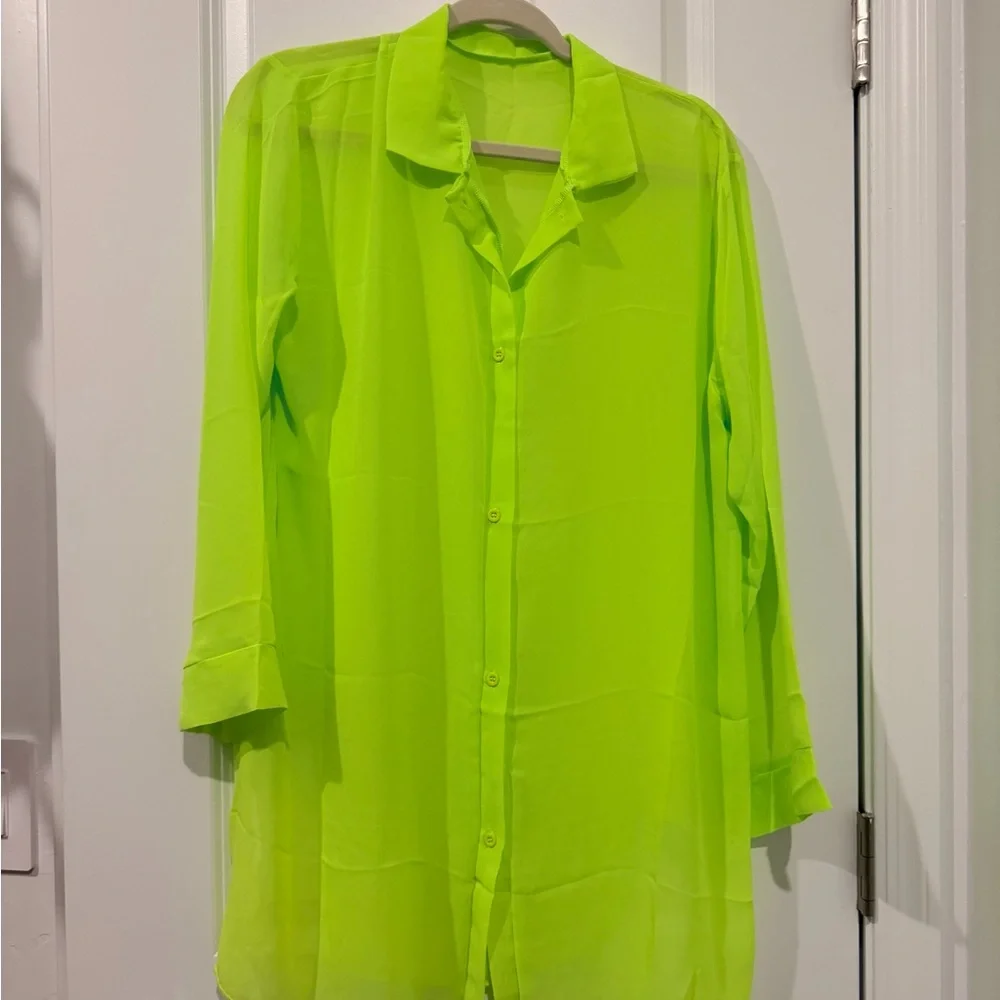 Summer Beach Long Sleeve Button Up Swimsuit Cover Up Lime Green X-Small